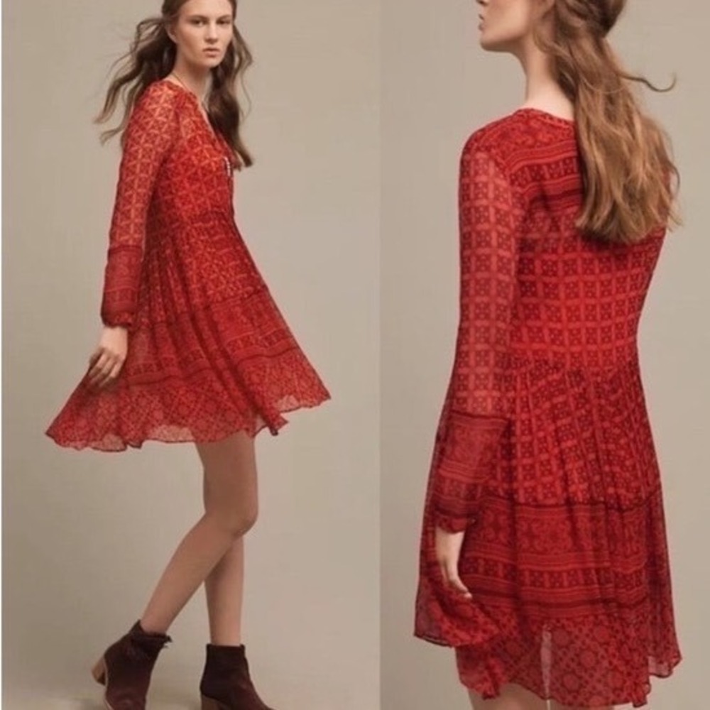 Anthropologie Maeve Canna Swing Sheer Chiffon Dress Red Motif Slip Size‎ 8